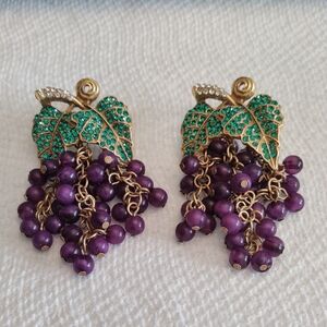 Purple Grape Earrings W/ Clear & Green Rhinestone Leaves